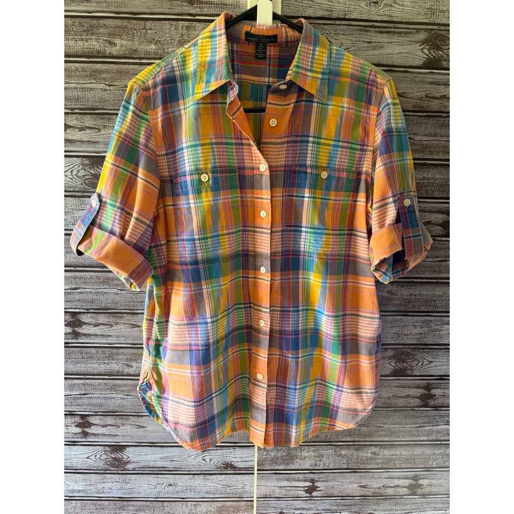 Lauren Jeans Co Ralph Lauren Womens M Plaid Madras Button Down Shirt Roll Tab